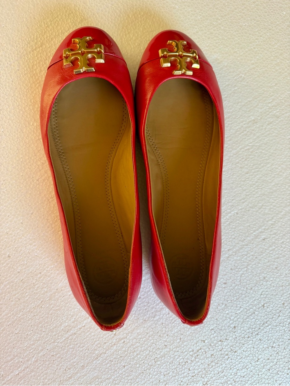 Tory Burch Red Leather Ballet Flats with Gold Logo Size 8